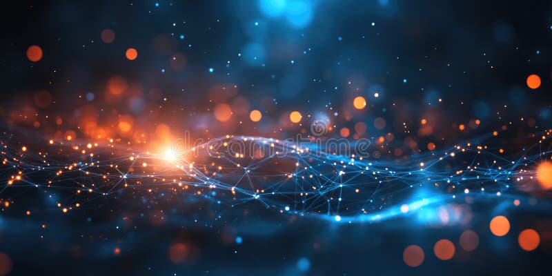 Glow Network Abstract: Interconnected Nodes and Lines with Warm, Golden Light on a Dark Background royalty free illustration