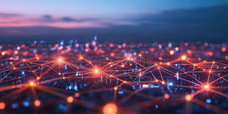 Glow Network Abstract: Interconnected Nodes and Lines with Warm, Golden Light on a Dark Background stock illustration