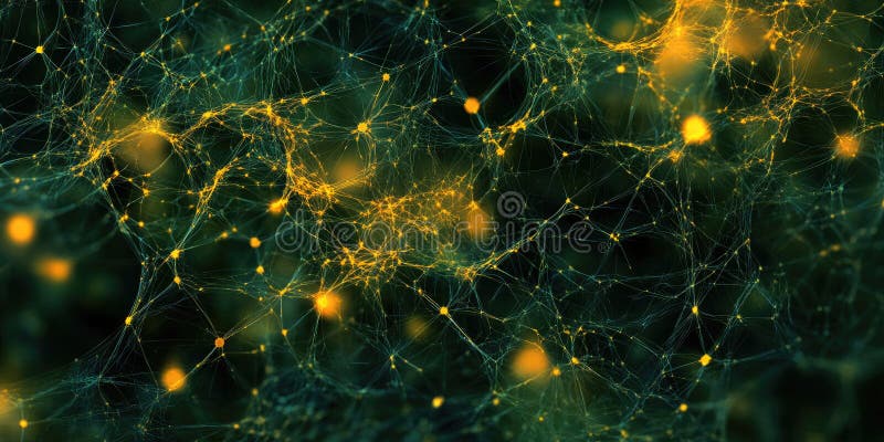 Glow Network Abstract: Interconnected Nodes and Lines with Warm, Golden Light on a Dark Background stock illustration