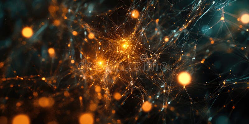 Glow Network Abstract: Interconnected Nodes and Lines with Warm, Golden Light on a Dark Background.