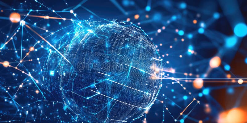 Glow Network Abstract: Interconnected Nodes and Lines with Warm, Golden Light on a Dark Background stock illustration