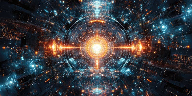 Glow Network Abstract: Interconnected Nodes and Lines with Warm, Golden Light on a Dark Background royalty free illustration