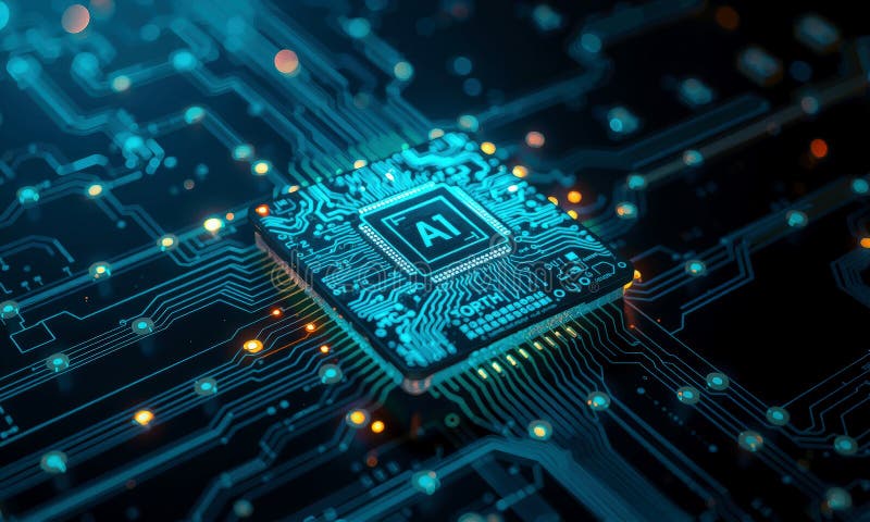 Glowing AI chip processor on circuit board, showcasing advanced technology and innovation in computing. intricate design stock photo