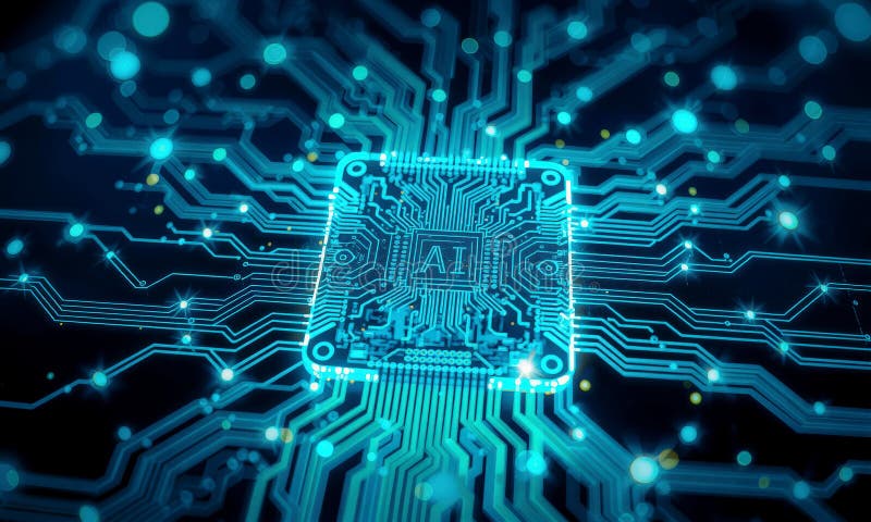 Glowing AI chip processor is depicted with intricate circuit lines radiating outward, symbolizing advanced technology and royalty free stock photography