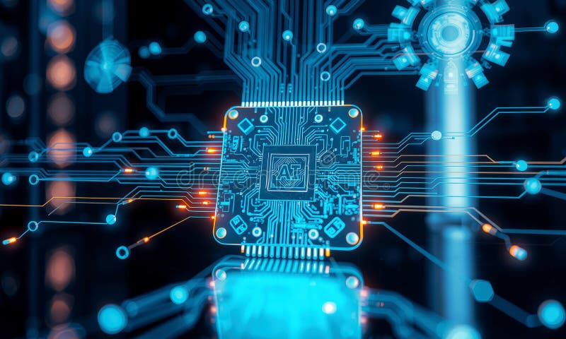 Glowing AI chip processor with intricate circuit lines and digital elements, symbolizing advanced technology and innovation royalty free stock photo