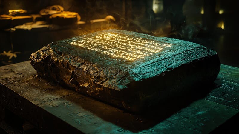 Mysterious glowing stone with ancient inscriptions royalty free stock photos