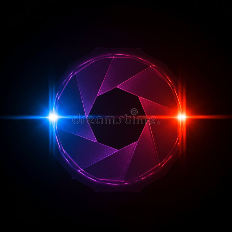 A glowing aperture-like geometric shape is centered against a black background. The royalty free illustration