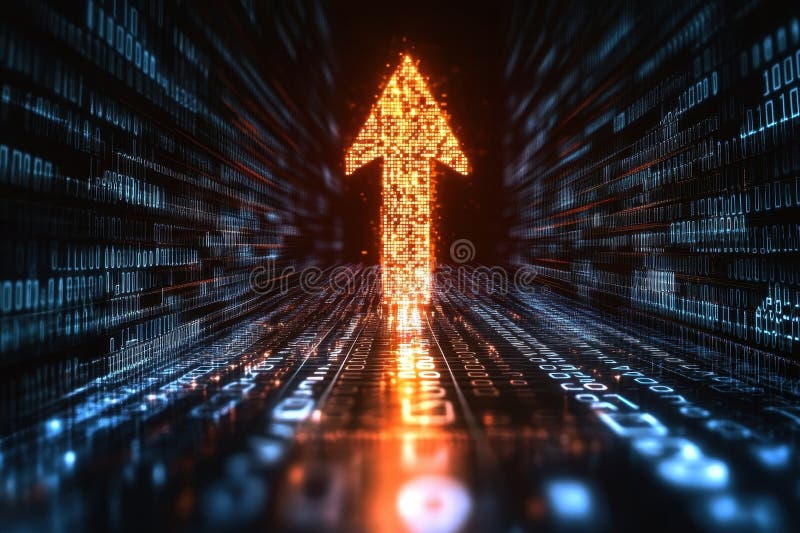 A glowing arrow is pointing upwards through a series of binary numbers. Concept of progress and growth stock image