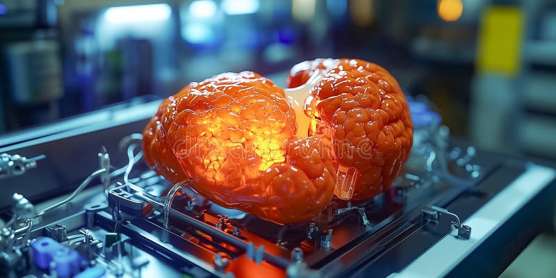 Glowing artificial brain model placed on sleek laboratory workstation. Modern tech environment with bright illumination royalty free stock images