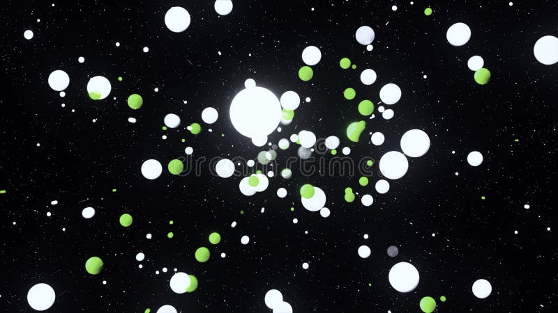 Glowing balls fly out into black space. Motion. Stream of explosion of glowing balls on black background. Black space royalty free illustration