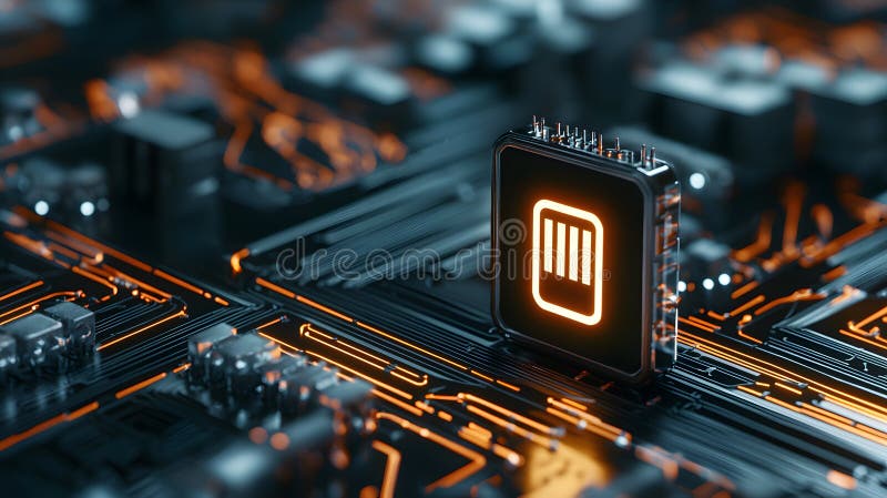 Glowing Battery Icon on Cyberpunk Circuit Board, Futuristic Technology Concept in Neon Colors stock illustration