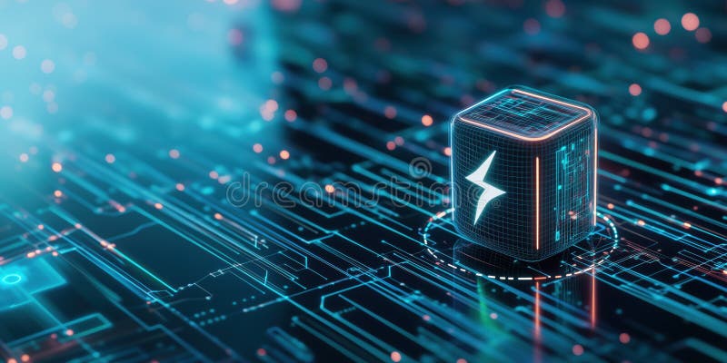 Glowing battery icon with lightning bolt on digital circuit background vector illustration