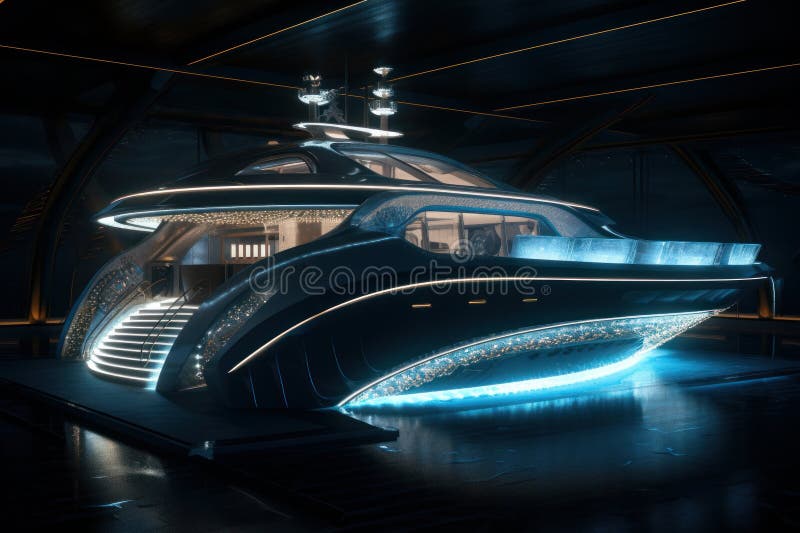 A Glowing Big Yacht with LED Lights at Night Generative AI Stock