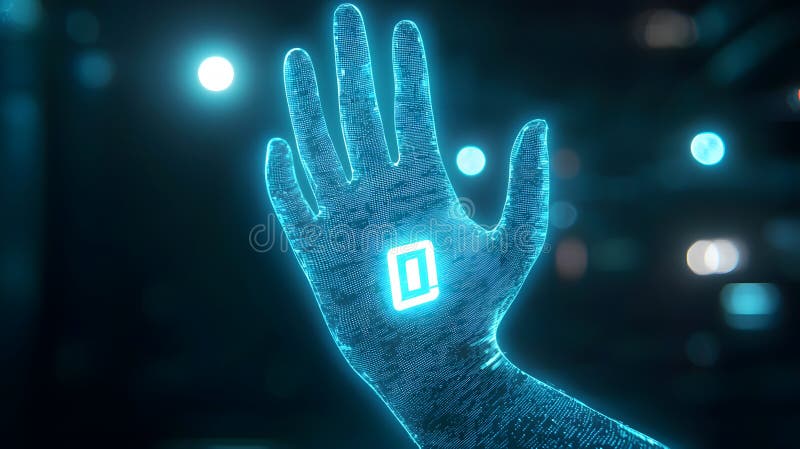 Glowing Biometric Hand Scan in Futuristic Setting royalty free illustration