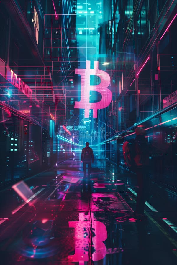 Glowing Bitcoin Symbol in a High-Tech Futuristic Urban Environment royalty free stock photography