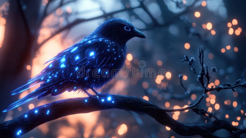 Glowing Blue Bird in Dark Forest vector illustration