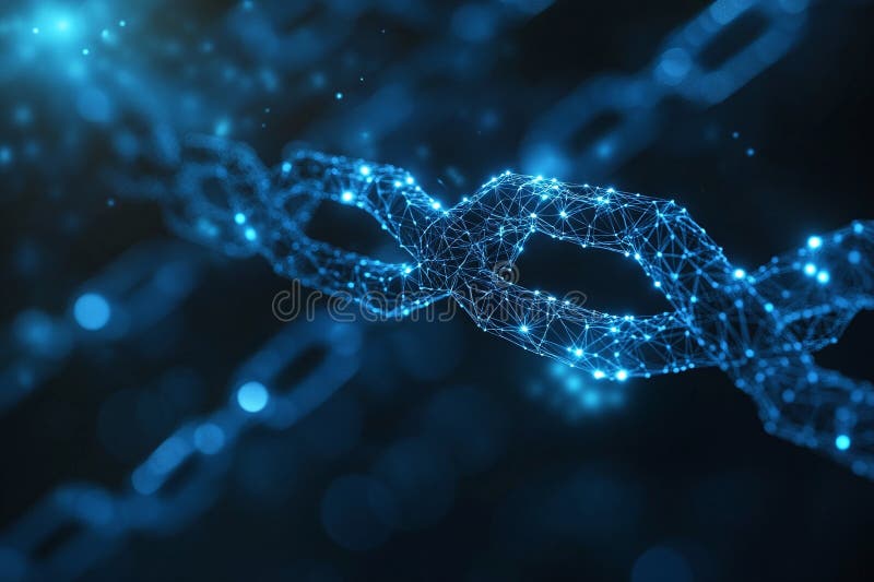 Glowing Blue Blockchain Network Chain Links on Dark Digital Background Representing Technology and Security royalty free illustration