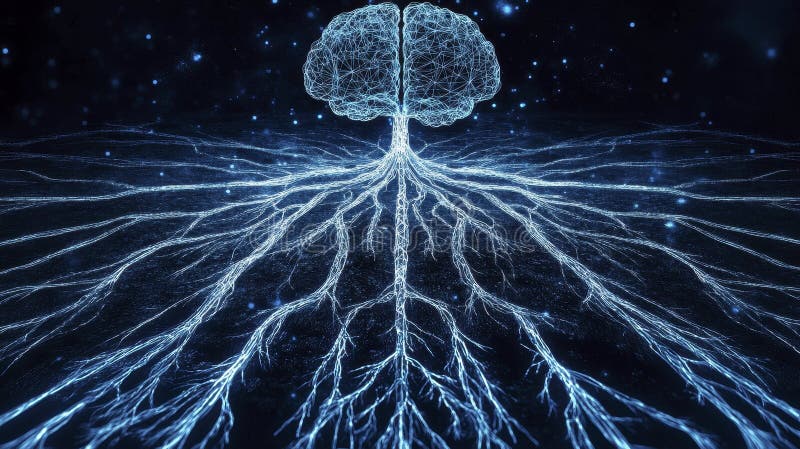 Glowing Blue Brain Tree Abstract Digital Art royalty free illustration