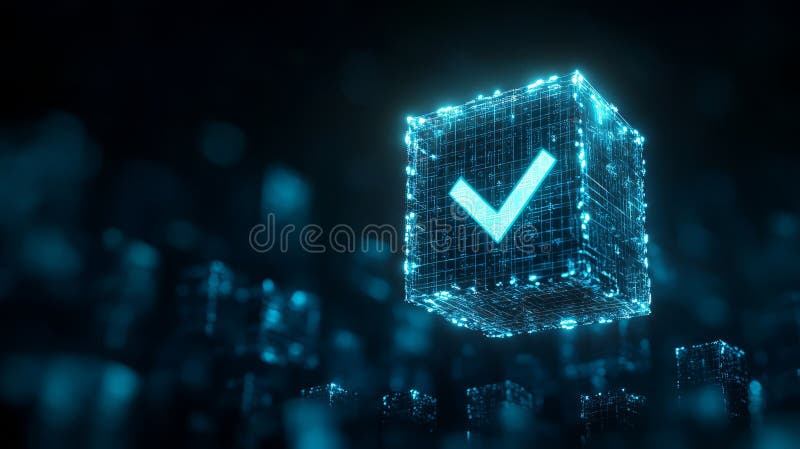 A glowing blue checkmark inside a digital cube, symbolizing verification and security vector illustration