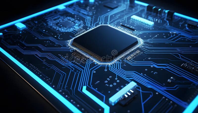 Glowing Blue Circuit Board with Central Processor stock image