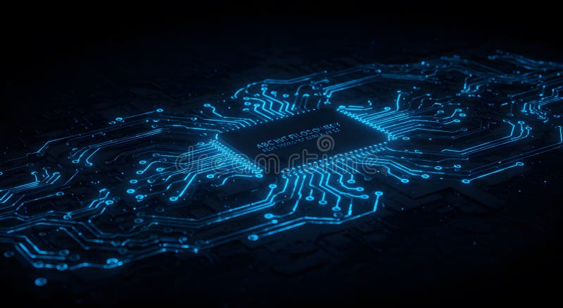 Glowing Blue Circuit Board with Central Processor stock photography