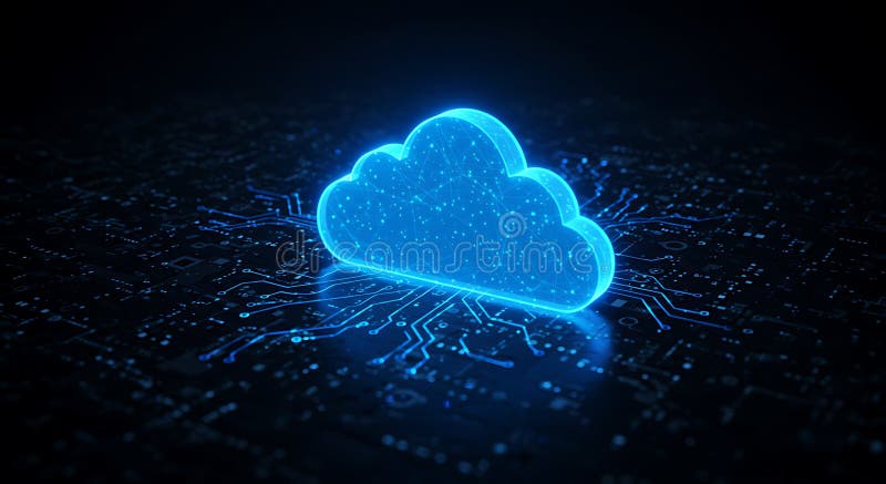 Glowing blue cloud hologram with digital circuitry pattern on a dark background. It royalty free illustration