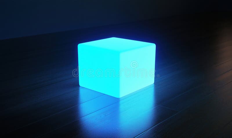 Glowing blue cube illuminated on dark wooden floor, creating a serene and modern ambiance stock photos