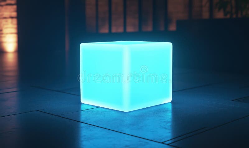 Glowing blue cube illuminated in modern interior space with soft lighting and reflective surfaces stock photo