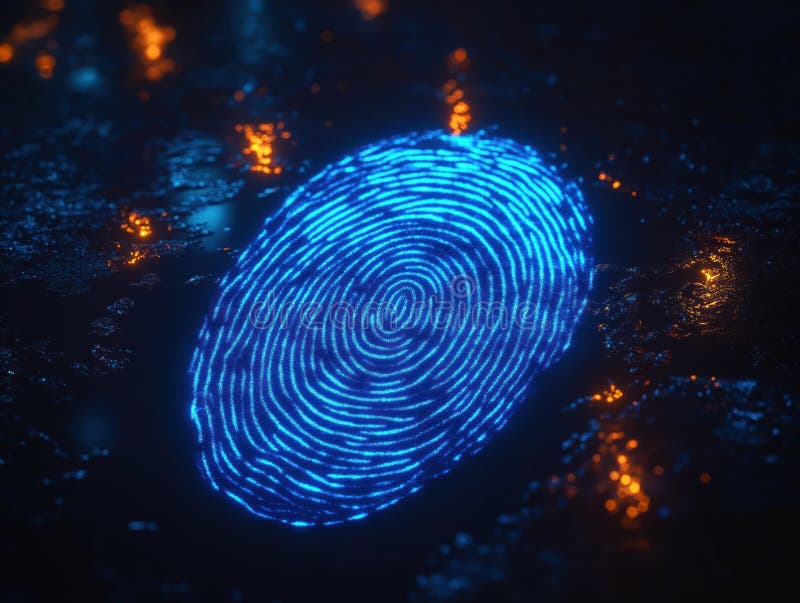 Glowing blue fingerprint on dark reflective surface. Blurry background lights highlight unique pattern. Futuristic tech vector illustration