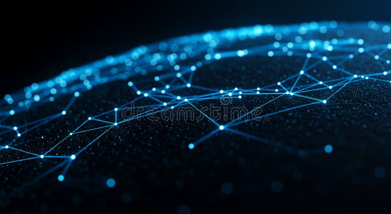 Glowing blue lines form a network of interconnected nodes on a dark, spherical vector illustration