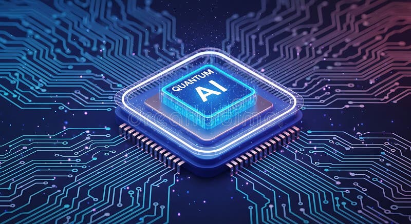 A glowing blue microchip labeled \'Quantum AI\' is embedded in an intricate circuit stock illustration