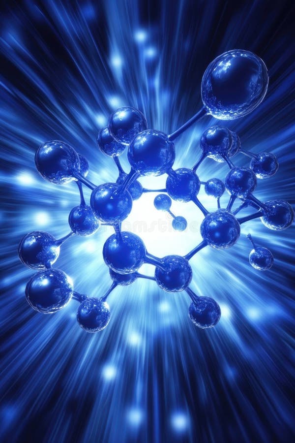 Glowing Blue Molecule Structure with Radiant Light Burst in Science Background. stock image