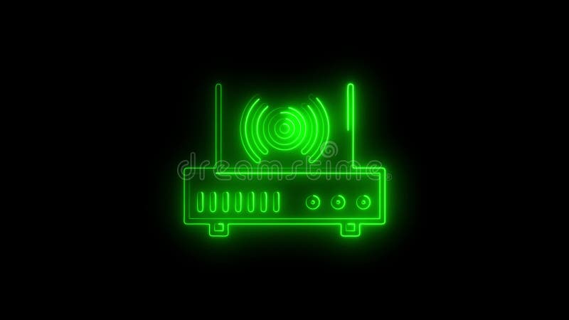 Neon Wi-Fi Router Icon with Signal Symbol on Black Background stock illustration