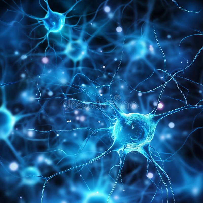 Glowing blue neurons in neural network microscopic view royalty free stock image