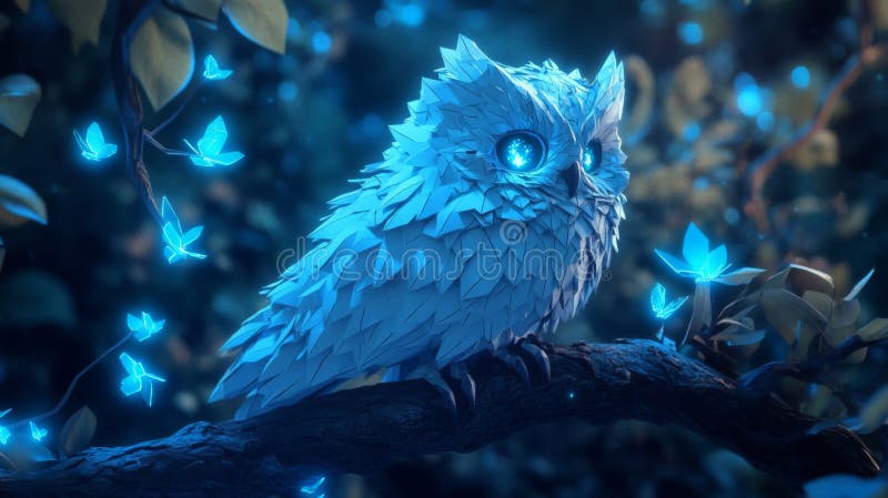 Glowing Blue Owl in a Dark Forest stock illustration