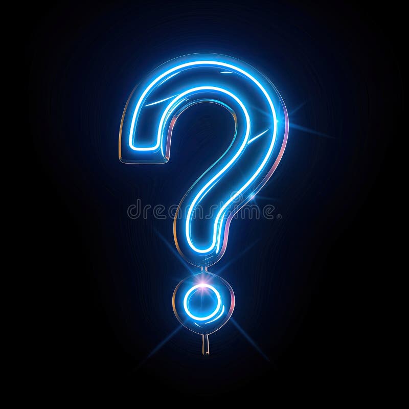 Un semn de întrebare albastru strălucitor în fontul electric albastru neon pe fond întunecat. Un semn de întrebare albastru strălucitor într-un neon albastru electric pe fond întunecat creează un tipar fascinant al luminii în întuneric, amestecând arta cu tehnologia și imaginea generată