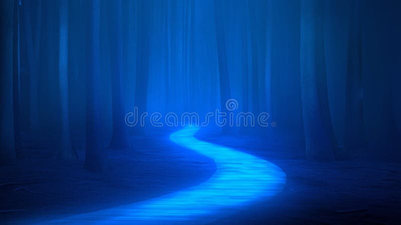 Mysterious blue river winding through dark forest at night royalty free illustration
