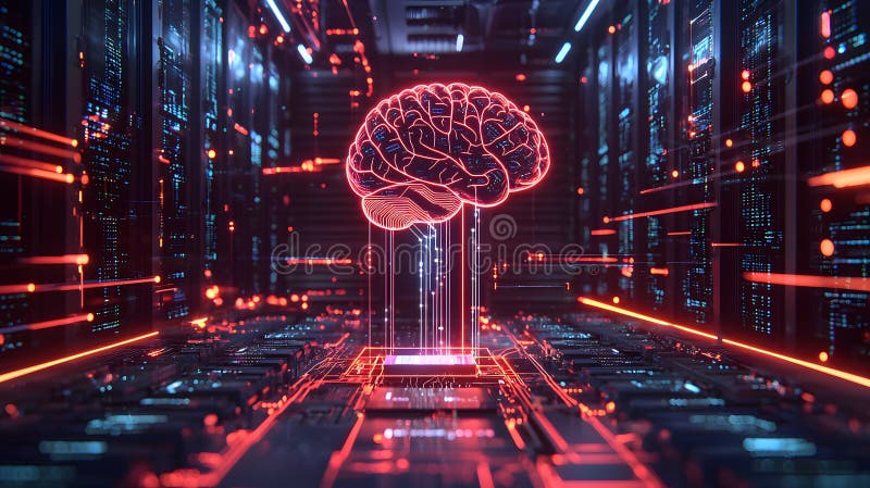 Glowing Brain Chip in Futuristic Data Environment stock illustration