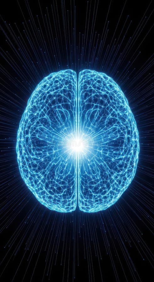 Glowing Brain with Connected Neurons - Artificial Intelligence, Neural Network stock illustration