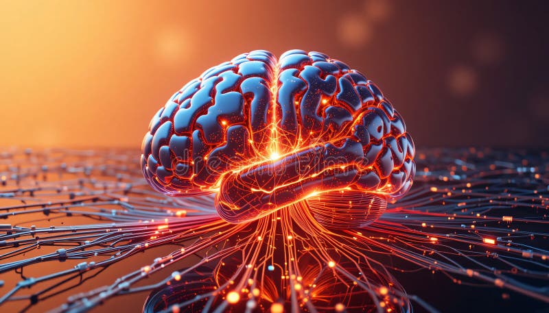 Glowing brain in cosmic landscape stock illustration