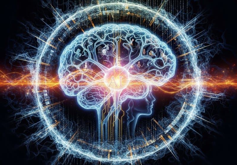 A glowing brain encircled by a luminous ring, symbolizing artificial stock illustration