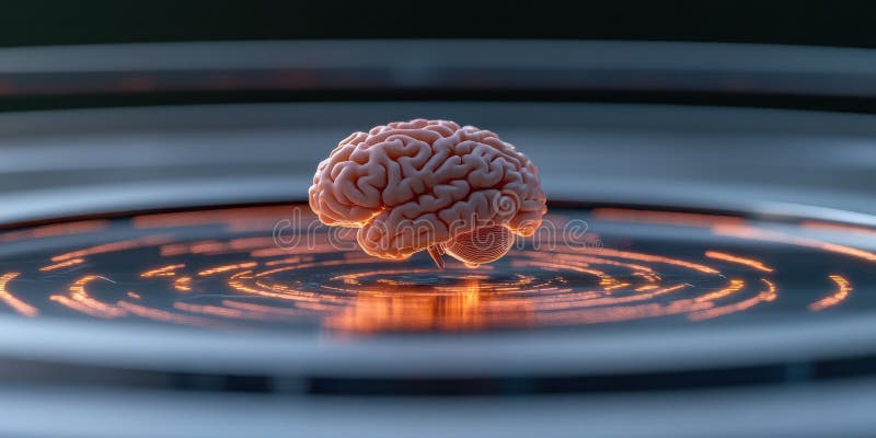 Glowing brain floats above futuristic surface with illuminated holographic patterns vector illustration