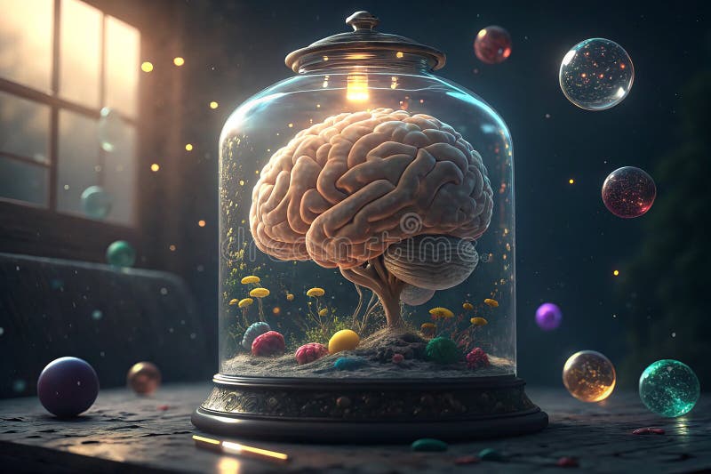 Glowing brain in glass with colorful floating objects, hyper realistic stock illustration
