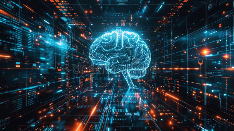 Glowing brain hologram in futuristic data center symbolizing AI. AI brain interface in virtual environment, showcasing machine stock illustration