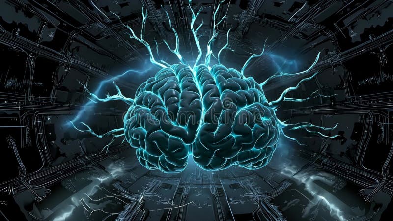 Glowing brain image on dark background. Electrical branches and lightning extend to convey power and intelligence vector illustration