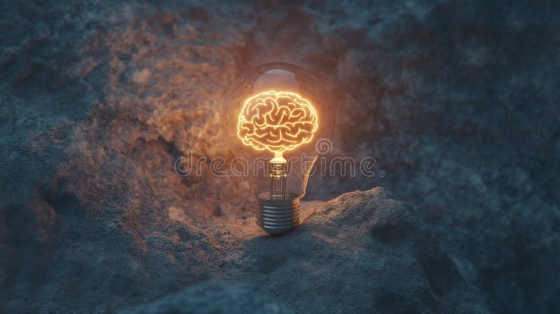 Glowing Brain Inside Lightbulb Symbolizing Creativity and Innovation stock illustration