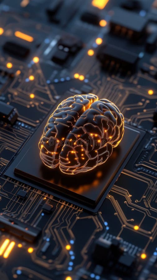Glowing brain shaped circuit on microchip symbolizes advanced AI and decision making technology vector illustration