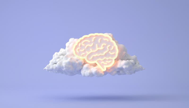 Glowing Brain Silhouette Inside a Fluffy White Cloud stock illustration