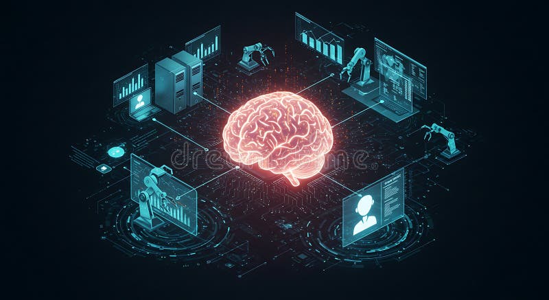Glowing Brain Surrounded by Robotic Arms and Data Displays on a royalty free illustration