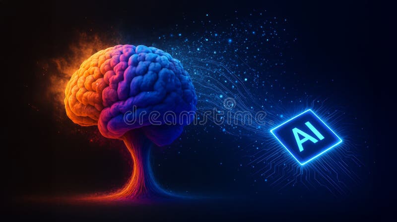 Glowing brain transfers digital data to AI chip in futuristic tech concept royalty free illustration